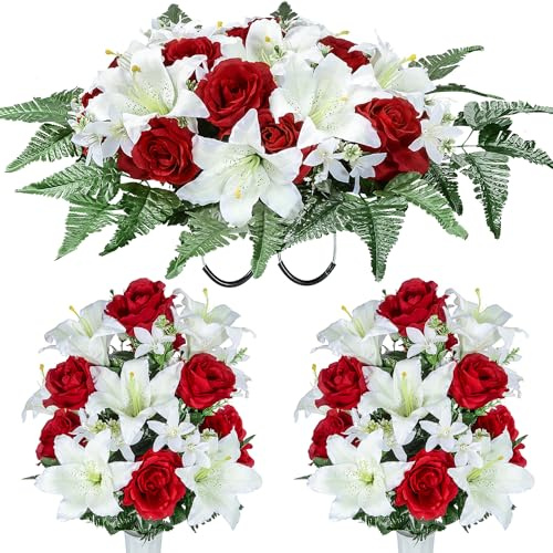 XONOR Artificial Cemetery Flower Saddles, Cemetery Memorial Flowers with Vase for Grave Tombstone Decorations, Lily Rose Headstone Flowers Saddle(1 Saddle 2 Bouquets)
