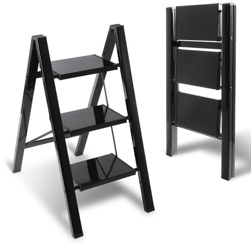 Eulenke 3 Stufen Leiter, Trittleiter Stufen, Klappleiter, Aluminium Leicht Stehleitern, Tragbare Klapptritt, mit rutschfeste Breites Pedal, für Haushalt, Büro, Küche, Belastbar Bis 150kg, Schwarz