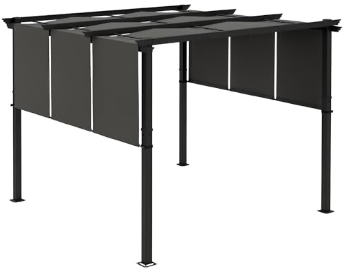 Outsunny Pergola avec 3 Toiles Coulissantes 3 x 3 x 2,38 m, Structure Acier Noir, Toile Polyester Haute Densité Gris Foncé