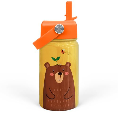 Bear Water Bottle - Kids Water Bottle with Straw Lid - 12 Oz Insulated Stainless Steel Water Bottles for Kid Boys - Travel Cup for School Sports