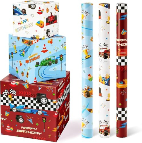 WERNNSAI 3 Rollen Rennauto Geschenkpapier 3m x 43cm Junge Kindergeburtstag | Rennauto Geburtstag Geschenkpapier für Kinder Rot Autos Geschenkverpackung mit Schnittlinien Cars Geburtstagsdeko