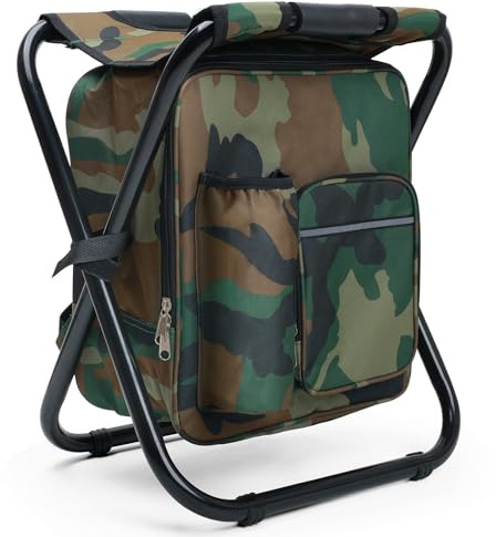 Outplea Taburete plegable grande de camping con mochila enfriadora de 15 L, mochila de pesca con asiento, camuflaje