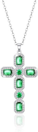 Linawe Collar en forma de cruz, cadena cruzada, cadena de plata, collar para mujer, diamante verde esmeralda, piedra de nacimiento, collar de cristal
