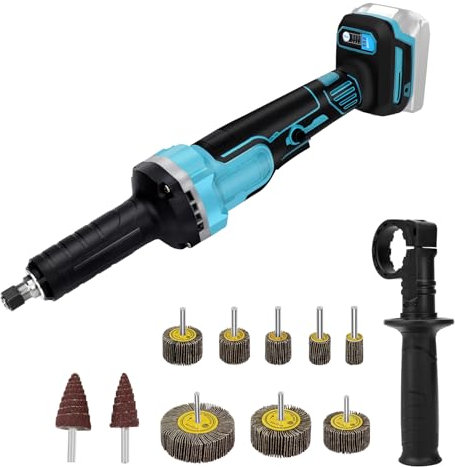 Akku Geradschleifer mit 10 Fächerschleifer, Brushless Akku-Geradschleifer Kompatibel mit Makita 18V Batterie mit Griff and 6 mm Bohrfutter für Gravieren, Schleifen, Polieren, Bohren(ohne Akku)