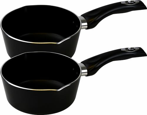 Non Stick Milk Pan Saucepan Set of 2 Pans 16cm & 20cm Heavy Duty Pans (2 litres Capacity) Black