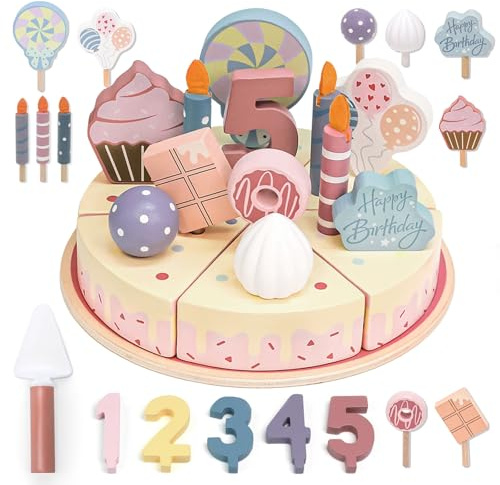 Masonbaby Cuisine pour enfants en bois pour anniversaire - Gâteau d'anniversaire en bois, cuisine de jeu pour enfants, accessoires de cuisine en bois - Jouet en bois, gâteau en bois pour anniversaire