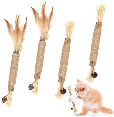 ZPLASK 4 PCS Catnip Toys for Cats, Cat Toy, Interactive Dental Kitten Toys Silvervine Cat Chew Sticks, Natural Catnip Kitten Teething Toys for Indoor Kitten Teeth Cleaning and Stress