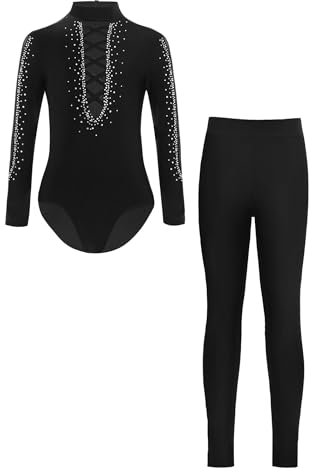 Hedmy Kinder Turnanzug Jungen Gymnastikanzug Langarm Trikot Strass Tanzbody mit Hose Gymnastik Wettbewerb Dancewear Schwarz 146-152