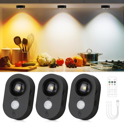 Yiliaw USB Bewegungsmelder Led Spot Akku Innen, Kleine wiederaufladbare Unterbauleuchten, Dimmbares Warmweißes Schranklicht, Klebendes kabelloses Nachtlicht für Schublade, Küche, Schwarz (3er Pack)