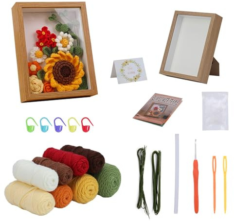 Xinyanmy Häkel Set für Anfänger,DIY Häkel Set mit Display Rahmen,Einschließlich Häkelnadel,Garnkugeln,Nadeln, Strick für Muttertag,Geburtstage mit Schritt für Schritt Videoanleitung (Sonnenblumen)
