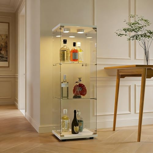 PerGar Glasvitrine Standvitrine mit Schloss und LED-Beleuchtung, 3 Lagen Glas Vitrine Sammlervitrine Vitrinenschrank, Vitrine für Wohnzimmer Büro Sammlerstücke Bücher Wein, Weiß, 125 x 42 x 36 cm