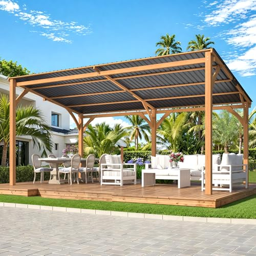 AECOJOY 16' x 10' Outdoor Wood Gazebo for Patio, Outdoor Lean to Hardtop 10x16 Cedar Pergolas and Gazebos Clearance, Wall Mounted Wooden Gazebo Heavy Duty Awnings for Patio, Decks, Backyard