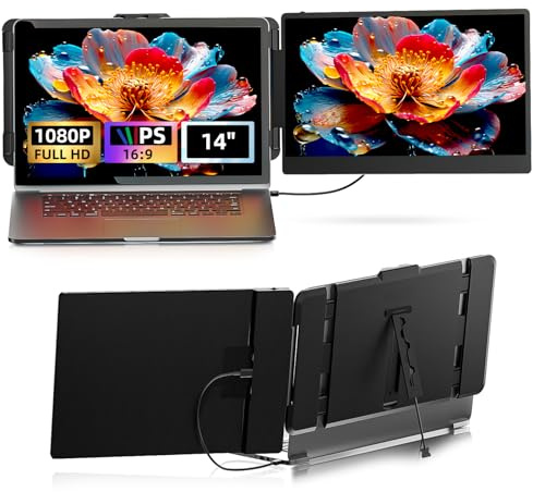 Grazz Laptop Screen Extender Monitor - 14 inch IPS FHD 1080P Extended Dual Monitor for 13-17 Laptops Type-C/HDMI/USB-A Compatible with Windows Mac Travel Work