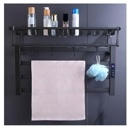 Scaldasalviette riscaldato da parete nero con ripiano superiore, ad alta efficienza energetica, scaldasalviette elettrico per accessori da bagno, design a sinistra, salvaspazio