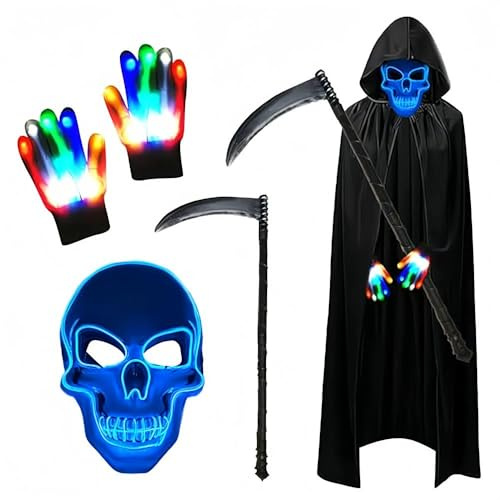 Set di costumi da uomo per Halloween, per bambini, costume da mietitore, maschera luminosa con mantello Sensemann e falce e guanti luminosi per feste, carnevale, cosplay (blu)