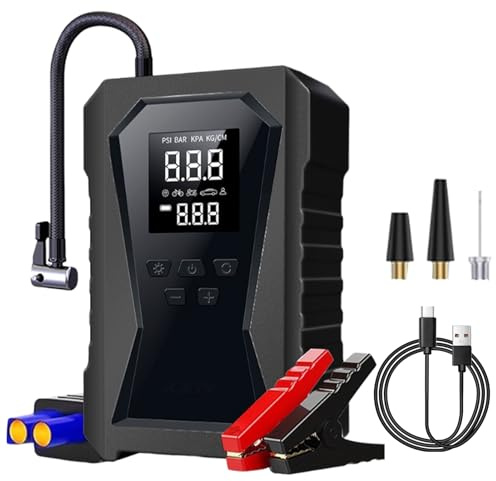 Salta Antipasto | PACCHETTO DI JUMP BASTER | Pacchetto Di Booster Batteria Per Auto | 8000Mah Ricaricabile Con Compressore D'aria, Ricarica USB, Luce A LED, Inflazione Rapida Per Auto