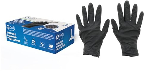 Qpro Raised Diamond Grip Non Slip Chemical Resistant Black Nitrile Heavy Duty Gloves Large Box Of 50