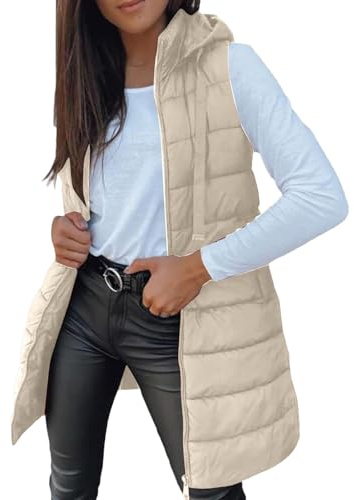 Generisch Gilet Donna Lungo Trapuntato Senza Maniche con Cappuccio Longweste in Cotone Gilet Donna per Autunno e Inverno Giubbotto in Piuma Leggero Cappuccio Elegante Gilet da Transizione con Tasche e