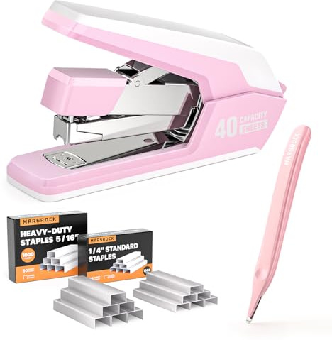 MARSROCK Müheloser Hefter,Für 40 Blatt,1-Finger-Press-Heftung,Ergonomisches Design,2000 Heftklammern und magnetischem Klammerentferner Rosa