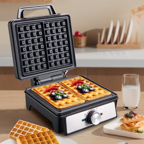 Waffle Maker Machine, 1600W Fast Heating Double Waffle Iron with Adjustable Temperature Control, Anti-Overflow Nonstick Plates, Easy to Clean 2-Slice Breakfast Maker for Home Use