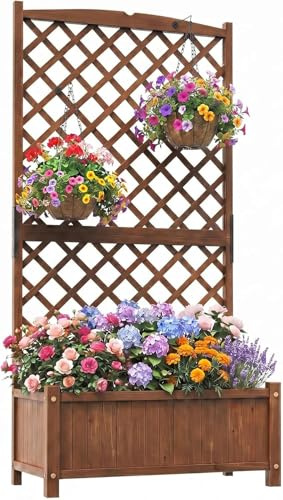 GOPLUS Blumenkasten mit Rankgitter, Hochbeet mit Spalier, Pflanzkasten Holz mit Abflussloch, Pflanzkübel mit Sichtschutz, Gartenbeet für Kletterpflanzen, für Garten & Balkon, 90x45x180,5 cm (Braun)