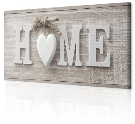decomonkey Bilder Home Haus 120x40 cm 1 Teilig Leinwandbilder Wandbild Herz | Strukturleinwand, Holzkeilrahmen, Bild auf Leinwand, Kunstdruck, Wanddeko, Wohnzimmer, Wanddekoration, Vintage