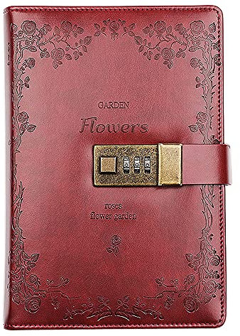 NectaRoy PU Leather Journal Writing Notebook Planner Organizer, Flower Pattern Daily Notepad Personal Sketchbook with Combination Lock, Card Slots, Pen Holder, B6 Size 20X14CM