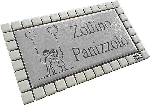 GUIZZO Creart - Personalisierte Keramische Plakette Namen/Straße, Personalisierter Veränderbarer Mosaikrahmen, Made in Italy Eingangsnummer Türplakette, 17x9,5H cm, Grau/Weiß