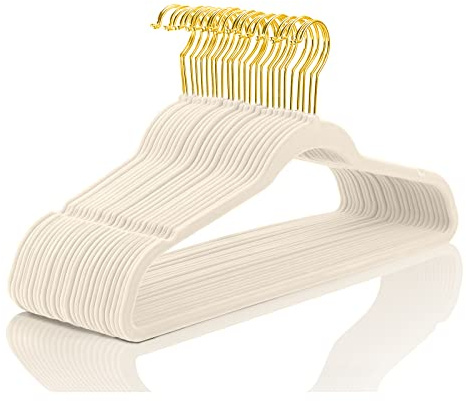 MIZGI Premium Velvet Hangers - Pack of 50, Non Slip, Slimline, Ivory with Gold Hooks, Space Saving Suit Hangers
