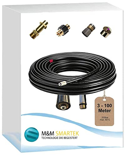 M&M Smartek Rohrreinigungsschlauch 5m, 5-Teiliges Profi-Set | M22-Innengewinde, Messing-Bajonett und Profi-Düsen verbinden Kärcher/Kränzle-Systeme für gründliche Abflussreinigung.