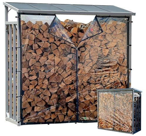 QUICK STAR Aluminium Kaminholzregal Außen 143 x 70 x 145 cm Mit Wetterschutz Transparent, Pro - 40 mm Aluprofil, Grau, Wetterfest, Kapazität 1,4 m³ (2 SRM), M Garten Kaminholzunterstand Stapelhilfe