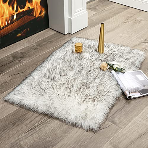 MIULEE Faux Fur Area Rugs Sheepskin Fluffy Mat Fleece Chair Cover Seat Pad Soft Shaggy Area Mat for Bedroom Sofa Floor 60 x 90 cm Rectangle White+Grey