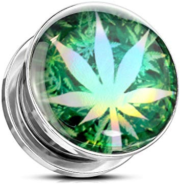 beyoutifulthings Ohr-Tunnel Hanf-Blatt Hologram Grün Silber Ohr-Piercing Edelstahl Ohr-Schmuck Screw Fit Flesh Plug Schraub-Verschluss 8mm