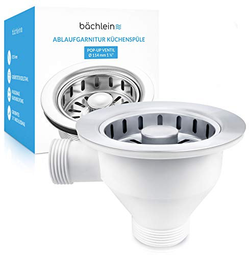 Bächlein Pop-Up Ablaufgarnitur für die Spüle [Ø 114mm mit Überlauf] - Küchenspüle, Spülenablauf Edelstahl poliert, Siebkorbventil Körbchenventil