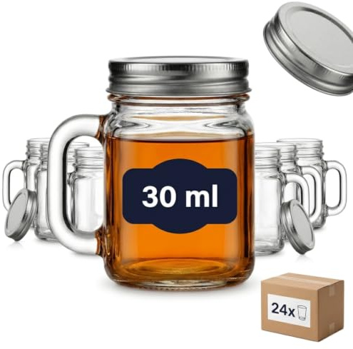 gouveo Uppsättning med 24 minidricksglas 30 ml (0,03 l) med handtag och skruvlock silverfärgad – shotglas likörglas provglas för provsmakning buffé hemmabar catering (TGH030S)