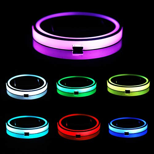 Raguso 2 Stück LED Getränkehalter, Solar LED Car Coasterss Cup Pad Holder mit 7 Farben Lichter USB Auto Flasche Bodenmatte für Getränke Untersetzer Zubehör Innendekoration