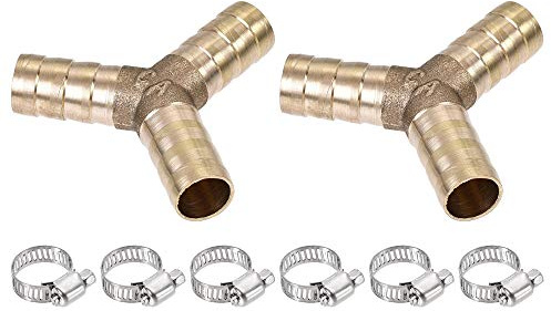 sourcing map Barb Hose Fitting 10mm OD Y Shape Pipe Connector Brass 2Pcs with 6Pcs 6-12mm Hose Clamps for Water Fuel Air