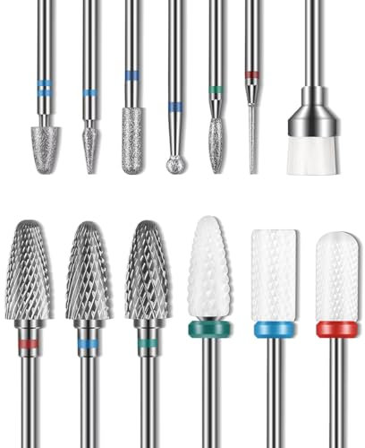 Set di 13 punte da trapano per unghie, 3 punte in carburo di tungsteno, 3 punte da trapano in ceramica, 6 punte per trapano diamantate, 1 pennello, punte da trapano da 3/32 per manicure pedicure