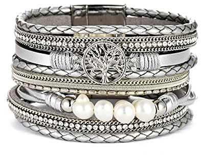 Cupimatch Bracelet en Cuir Multicouche Manchette Arbre de Vie Style Bohémien avec Boucle Magnétique,Bracelet Tressés pour Femmes Épouse Mère