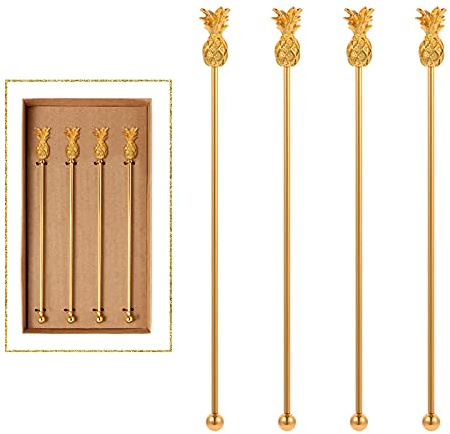 Pineapple Drink Stirrer Sticks Stainless Steel Coffee Beverage Stirrers，Set of 4 Cocktail Swizzle Stick,7.28, Gold
