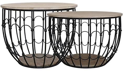 Chic Antique Set di 2 tavolini in metallo shabby chic con coperchio in legno di cipresso, stile vintage