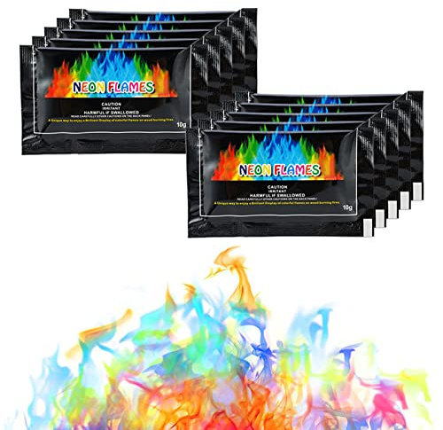 Buntes Feuerpulver, Magic Fire Pulver, Buntes Feuer, Neon Flames, Farbe Zauberpulver Feuer und Geeignet für Lagerfeuer und Außenkamine, Party und Halloween und Weihnachte, Outdoor Events - 10 X 10g