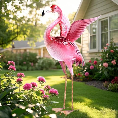 Natelf Garden Flamingo Statues and Sculptures, Outdoor Metal Bird Yard Art, Pink Flamingos Lawn Ornament for Patio Backyard Porch Decorations
