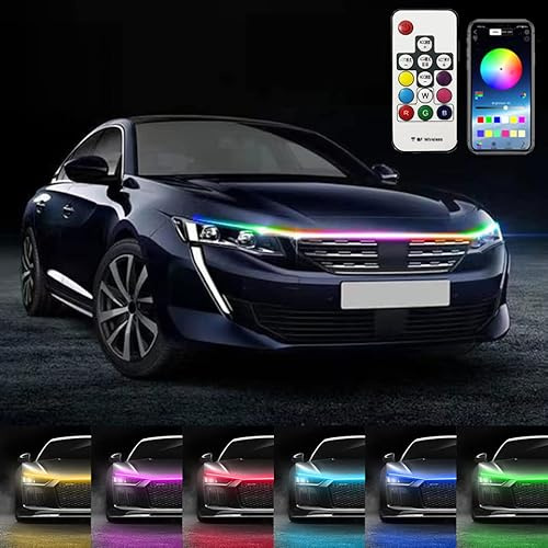 Auto Led Lichter, 12V Auto Motorhaube Lichtstreifen wasserdicht RGB mehrfarbig Fernbedienung Tagfahrlicht dekorative Beleuchtung, Auto-Streifen-Licht mit APP-Fernbedienung für Autos, SUVs, LKWs