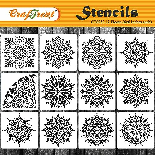 CrafTreat Reusable Mandala Stencils for Painting on Wood, Wall, Canvas, Paper, Fabric, Floor & Tile – Mandala Wall Stencil Set 6x6 Inch (Pack of 12) DIY Art and Craft Home Decor