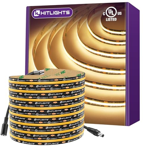HitLights COB LED Strip Lights Warm White 3000K, 16.4ft Premium 12V Tape Light High Density, 2400 LEDs, 305+ LM/FT, CRI 90+, IP30, Lighting for Kitchen, Cabinets, UL Listed (Power Source Not Included)