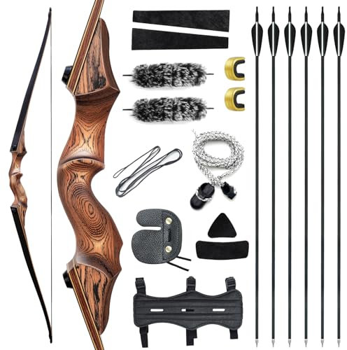 OUBOTER 60 Zoll Black Hunter Takedown Langbogen Für Erwachsene 20-60 Lbs Rechter Jagdbogen Mit 6 Stück Pfeilen Und Bogen Saitenschalldämpfer Set Pfeil Und Bogen Set Für Die Jagd Zielschießen (40LBS)