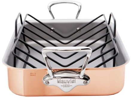 Mauviel M'150 S Copper Roasting Pan With Rack, Cast Stainless Steel Handles, 13.7 x 9.8-in