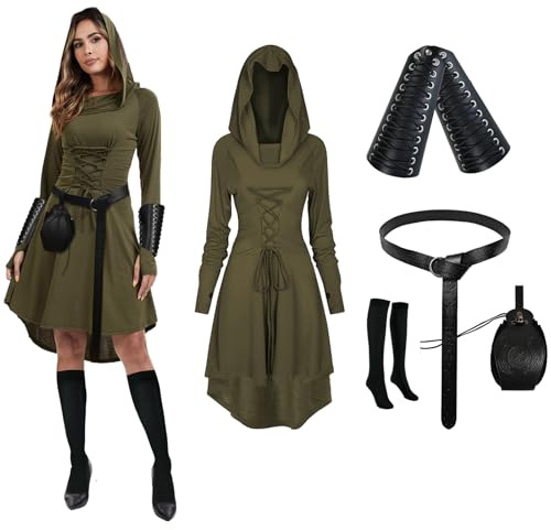 PORJDN Juego de vestido gótico para mujer, ropa medieval para mujer, túnica de Halloween, vestido con capucha con cinturón, bolsa de monedas doradas retro, corsé, calcetines sobre la rodilla