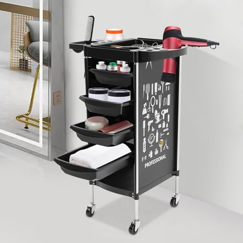 Carrello da salone con ruote da parrucchiere con 4 ripiani estraibili e 2 cassetti, per saloni di unghie, strutture mediche, parrucchieri, 37 x 34 x 88 cm, nero